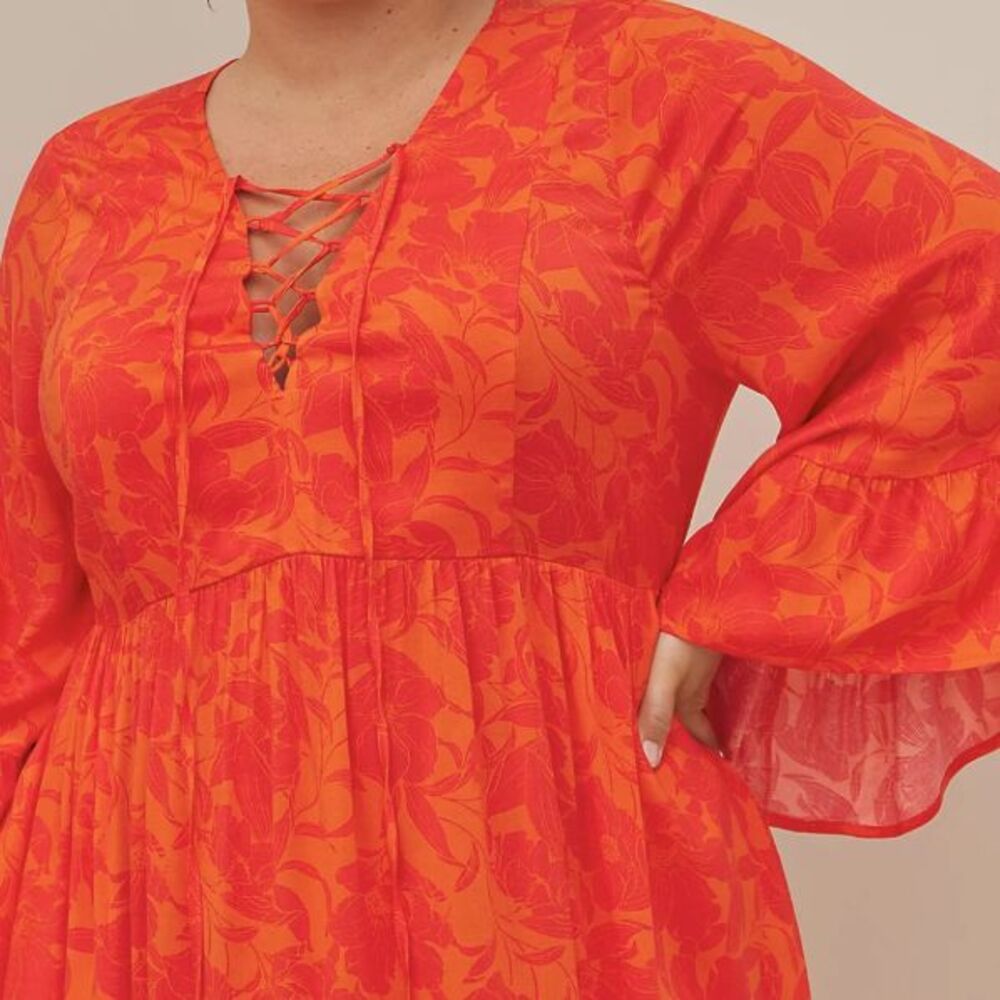 Torrid Orange Floral Challis Flared Sleeve Dress With Pockets Size Large 12 - Picture 4 of 4